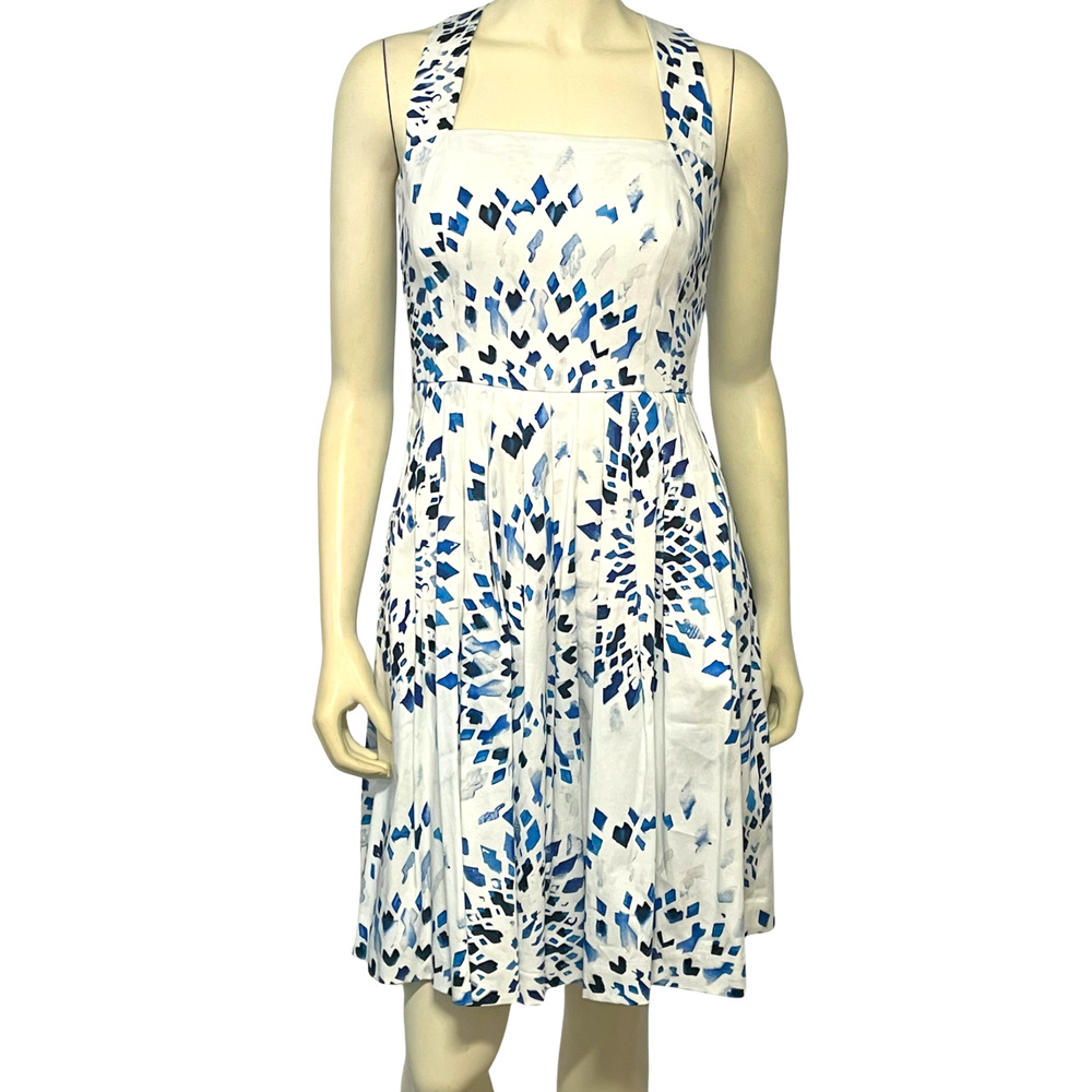 WHBM Sz 4 Halter Sundress Fit & Flare Pleats White & Blue Kaleidoscope Print New